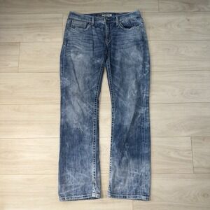 BKE Carter Jeans Mens 32L Light Blue Faded Distressed Bootcut Acid Wash Denim